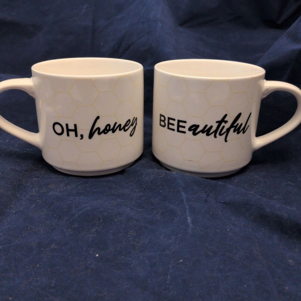 Coco + Lola Bee Mugs White Ceramic Coffee Cups "OH, honey" & BEEautiful